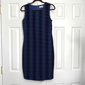 Knee length dress cobalt blue and black stripes.